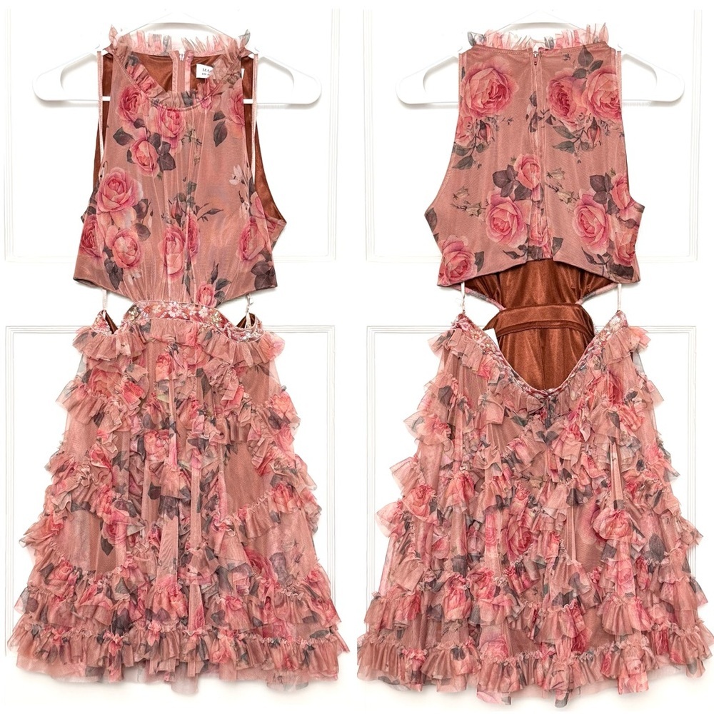 NWT MAC DUGGAL Floral Ruffle Tulle Sleeveless Beaded Cutout Waist Halter Dress 6 - Picture 4 of 9
